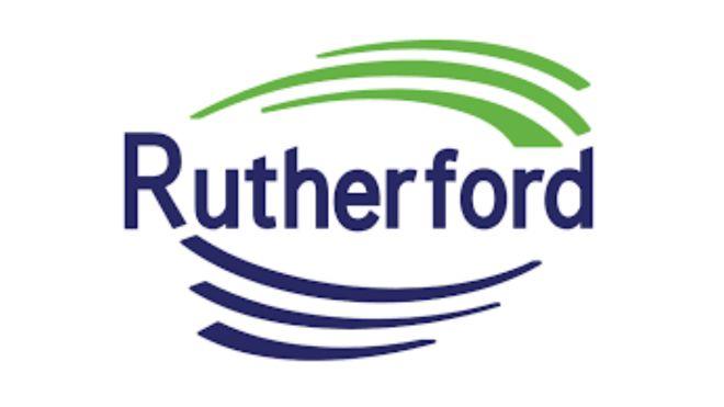 Rutherford logo with green and blue swooshes