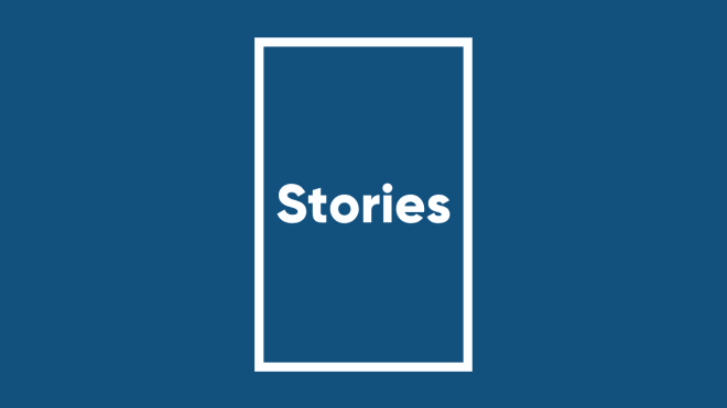 Stories graphic with white text on a blue background.