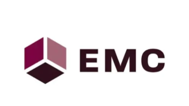 EMC logo with a maroon cube design.