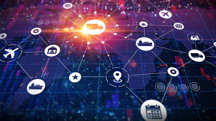 Digital network with transportation icons and glowing connections.