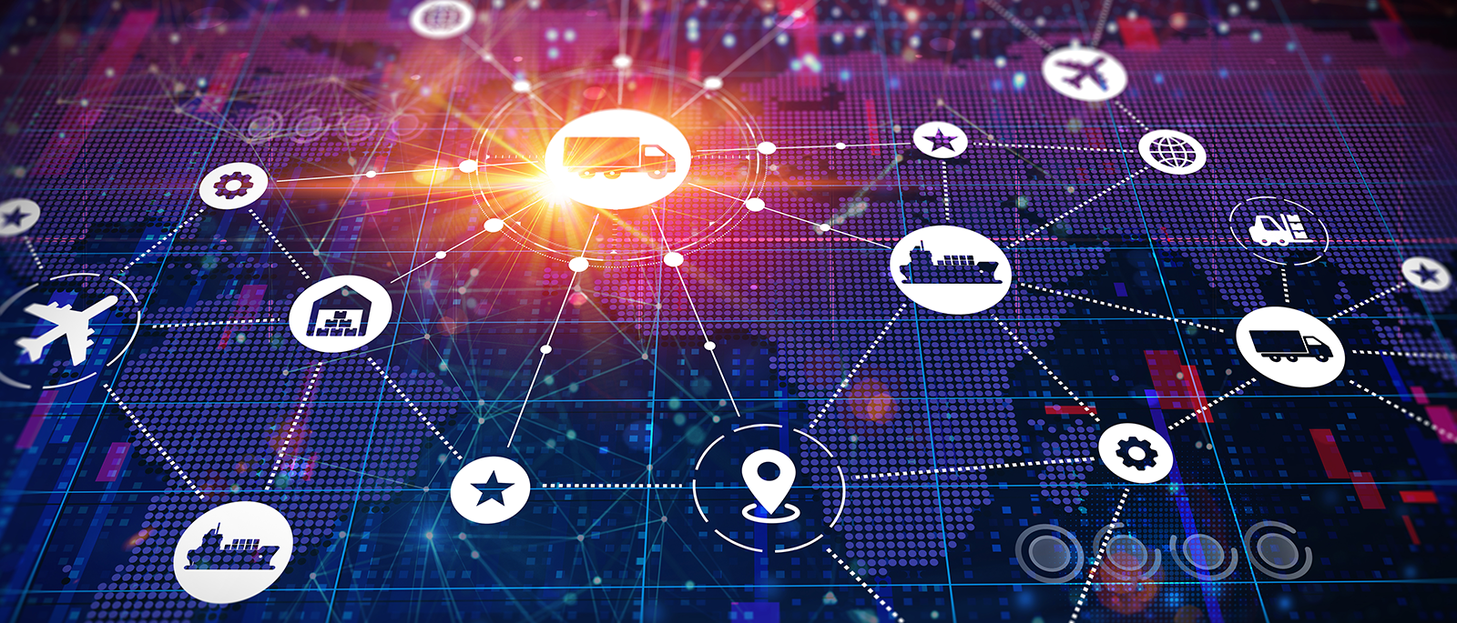 Digital network map with glowing truck, plane, ship icons.