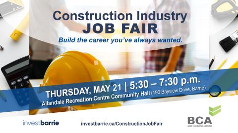 Construction job fair flyer with yellow hard hat and calculations.
