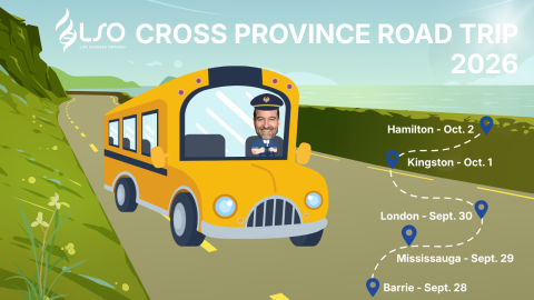 Yellow bus on road with driver, road trip dates beside.