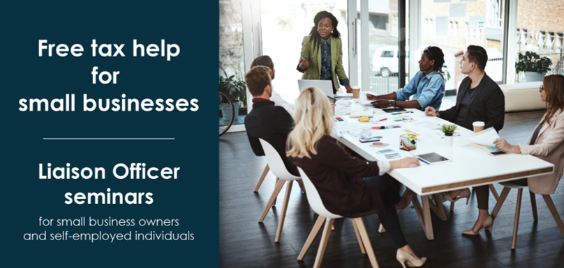 People sitting around boardroom table | Text: Free tax help for small businesses